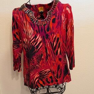 💋💋💋BOGOHO💋💋💋Ruby Rd. Beaded-Neck Red Patterned Women's Top-Large